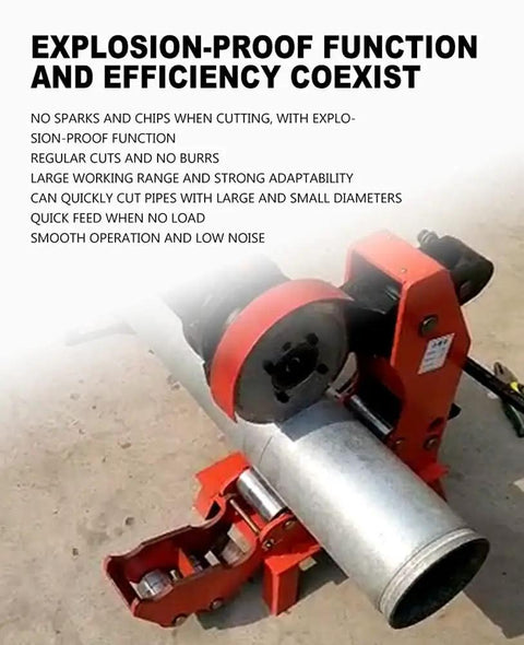 Built Different Heavy Duty Electric Pipe Tubing Cutter With Smooth Operator Hydraulic Pipeline Cutting Machine and Rock Solid Stainless Steel Blade for Fast Galvanized Pipe Cutting and Notching in action cutting a galvanized pipe.