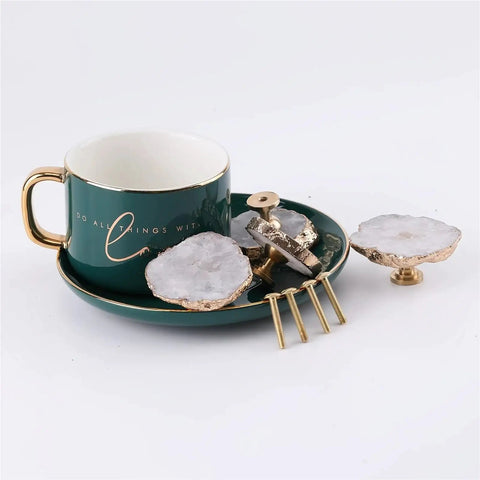 White Geode Cabinet Knobs 4 Pack Gold Plated Gemstone Drawer Pulls Crystal Cupboard Handles Kitchen Decorative Hardware Set For Vanity Furniture Kitchen Glow Up With Easy Install And Slick Touch For Home Office on green cup and plate.