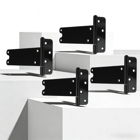 Straight Up 8 Inch Heavy Duty Gate Hinges 4 Pack Black Steel Door Hinges 300 Lb Capacity Built Tough For Outdoor Fences Rock Solid Design With Free Hardware For Quick No Hassle Setup displayed on white surfaces.