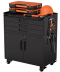 30 Inch Mobile Workstation Tool Cart With Lockable Doors And Pegboard Panels Rolling Garage Storage Cabinet with tools and accessories.