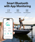 Person using smartphone to monitor Deck Ready 12V 100Ah LiFePO4 Lithium Battery For Marine Trolling Motors With Smart Bluetooth Monitoring.