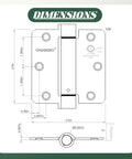 Technical drawing of 2 Pack Matte Black Self Closing Door Hinges Spring Loaded Auto Close Kit dimensions and specifications.