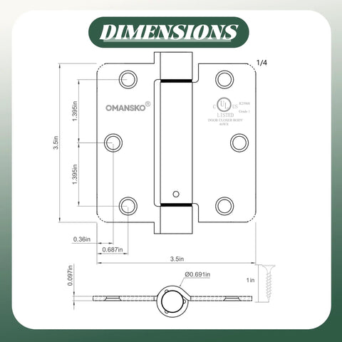 Technical drawing of 2 Pack Matte Black Self Closing Door Hinges Spring Loaded Auto Close Kit dimensions and specifications.
