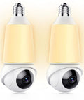 Straight Fire 2K Light Bulb Camera With Full Sweep Panning And Dead Reliable Dual Band Wifi For Home Security, two bulb cameras showcasing dual lenses.