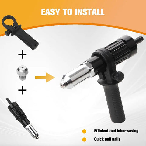 Heavy Duty 3 Piece Pop Rivet Gun Adapter Kit For Cordless Power Drills Built Tough Steel Riveting Tool Attachment showing ergonomic grip.