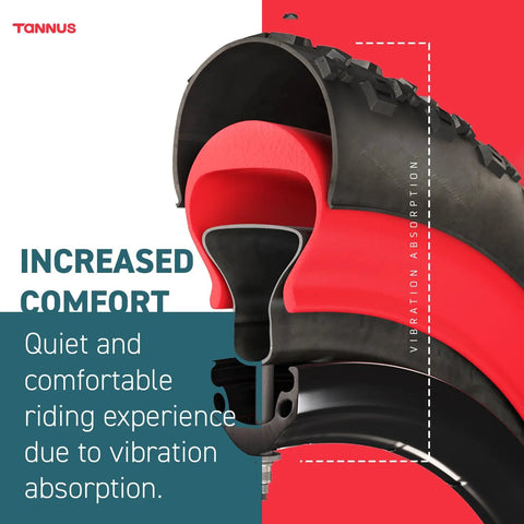 Cross-section of puncture proof bike tire insert for fat tires and e-bike rides, showing foam liner for increased comfort.