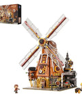 Front view of Dope Steampunk Dutch Windmill Building Set With Motorized Blades Exposed Gears Openable Walls And Accessible Mechanical Drive