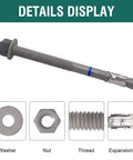 Heavy Duty 1/2 Inch X 12 Inch Concrete Wedge Anchor Bolt Kit Hot Dip Galvanized Finish display of bolt, washer, nut, thread, and expansion clip