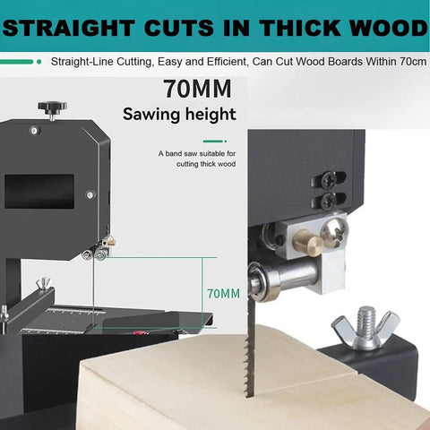 800W Benchtop Bandsaw For Small Workshops With 70mm Cutting Height And 90mm Throat Curves And Straight Cuts Tilting Metal Table 0 To 45 Degrees Powerful Woodworking Tool For Precise Cuts