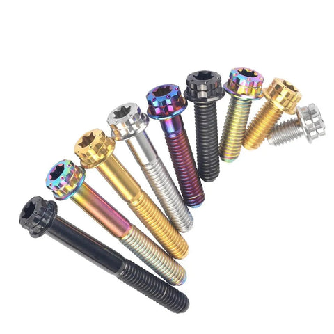 Premium Titanium Flange Bolts Torx Drive M10 X 60mm Motorcycle Hardware in various colors and finishes.