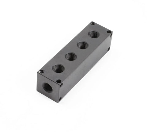 Top Shelf 6 Port Pneumatic Manifold With 1/4 Inch NPT Threads Including Mounting Bracket For Heavy Duty Air Systems Truck Trailer Camping Rig Build Black, showing black aluminum manifold with ports.