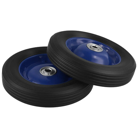 Four Pack 8 X 1.75 Inch Solid Rubber Wheels Featuring Flat Free Design And Rock Solid Ball Bearings Perfect For Heavy Duty Hand Trucks Dollies And Utility Carts Built Tough To Handle Daily Grind, showing blue and black wheels.