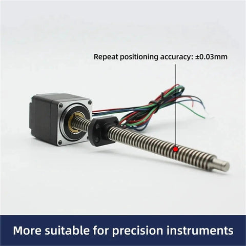 Wicked Precise Micro NEMA8 Stepper Motor With Linear Lead Screw Rod showing precision design and wiring for precision instruments.