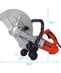 Badass 14 Inch Electric Concrete Saw With 3000W Motor And Wet Cut Water Feed Setup, showcasing the saw profile and dimensions.