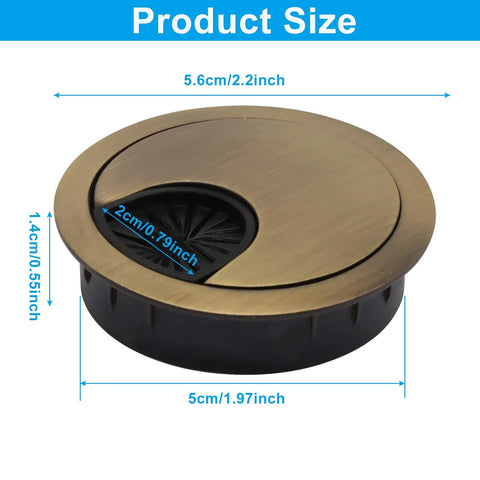 Hella Sturdy 2 Inch Metal Desk Grommets 2 Pack Bronze Finish showing precise dimensions on a sleek desk grommet for cable management.