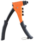 Heavy Duty Single Hand Pop Rivet Gun Kit with ergonomic grip and four swappable tips for metal repair work.