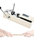 Heavy Duty Manual Digital Force Gauge And Tensile Pull Tester With Hella Precise Zero Point Zero One Millimeter Displacement Tracker Portable Horizontal Push Pull Meter Rig For Tough Testing Tasks, showing pull testing with rope.