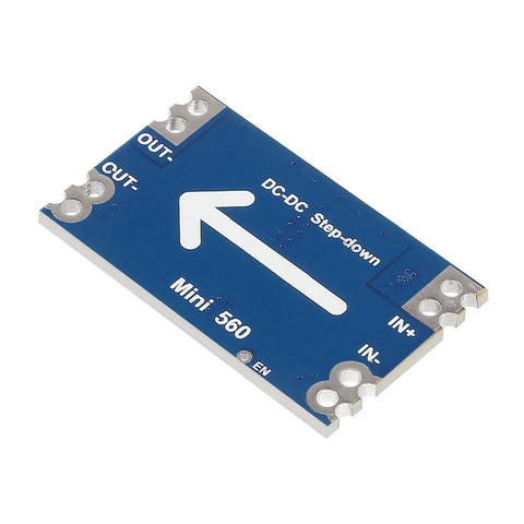 Five Volt Five Amp Mini560 Buck Converter Module For DIY Projects, High Efficiency Step Down DC-DC Regulator From 7V To 20V Input, Stable 5V Output, Non Isolated, Synchronous Rectification, 500KHz, Low Heat Power Supply shown flat
