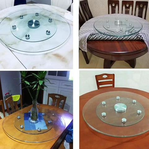 Extra Large 110cm Clear Glass Lazy Susan Turntable showcasing different table setups and elegant design for dining and events.