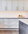 Real Deal 10 Pack Brushed Gold Cabinet Pulls 5 Inch Hole Center Heavy Duty Zinc Alloy Kitchen Drawer Handles on modern kitchen cabinets.