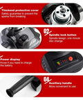 Brushless Cordless Angle Grinder features spindle lock button, power display, auxiliary handle, and thick protective cover.