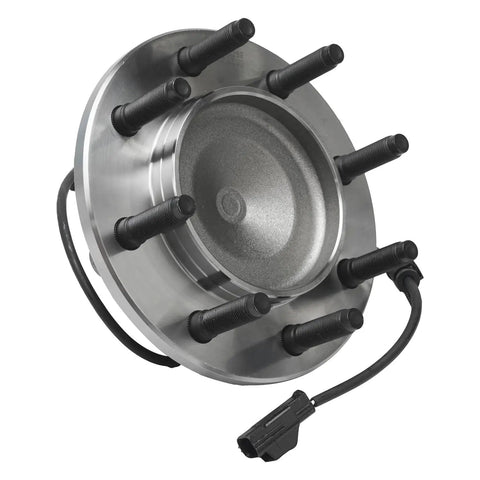 Close-up of a front wheel bearing and hub assembly for 2003 to 2005 Dodge Ram 2500 and 3500 2WD trucks with ABS sensor wire.