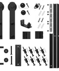 All In One Heavy Duty Sliding Barn Door Hardware Kit Features 11 Foot Track With Whisper Quiet Nylon Rollers For Rock Solid Reliability Smooth Silent Operation Dead Simple Install Durable Alloy Frame No Door Included Matte Black Finish all components displayed.