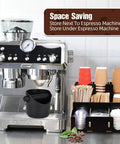 Knock Box For Coffee Grounds 4.4 Inch With Removable Knock Bar And Non Slip Base next to espresso machine