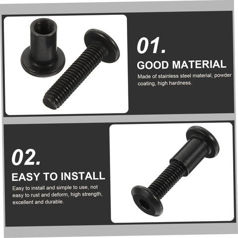 Kickass Black Stainless Steel M6 X25 Chicago Screws And Barrel Nuts Five Pack shows screws and barrel nuts on display.