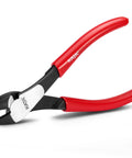 Heavy Duty 7 Inch High Leverage Diagonal Cutting Pliers With Angled Head For Precision Flush Cuts And Smooth Wire Snipping Action That Makes Short Work Of Electrical And Craft Projects Professional Grade Hardware No Sweat Guaranteed, showing red grips and sharp cutting edges.