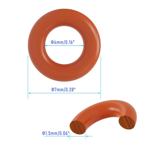 Badass Durable Silicone O Rings 100 Pack Red 7mm OD 4mm ID 1.5mm Width VMQ Non Toxic Waterproof Seal Gaskets displayed with measurements.