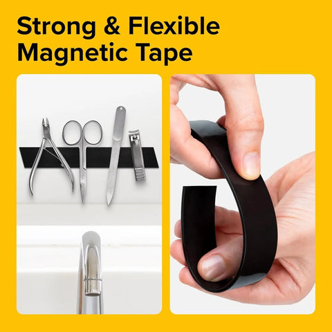 Magnetic Tape With Adhesive Backing 10 Feet Long By Half Inch Wide displayed holding scissors and rolled in hand