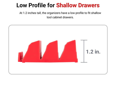 Side view of a red 40 Tool Modular Driver Organizer Set ODM91240 showing low profile for shallow drawers, 1.2 inches tall.