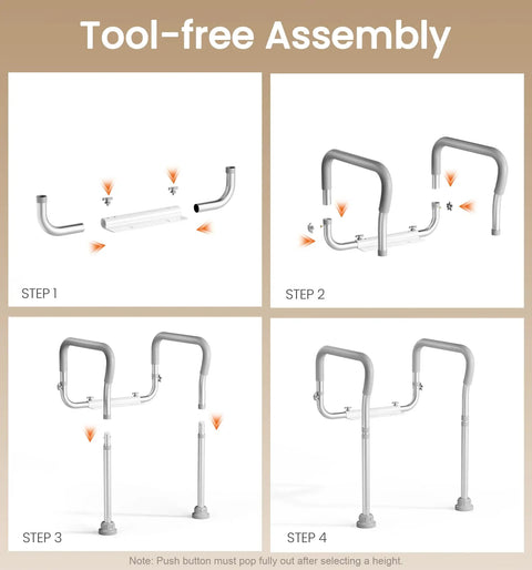 Tool-free assembly steps for Rock Solid Aluminum Toilet Safety Handle For Seniors Supporting Up To Three Hundred Fifty Pounds.