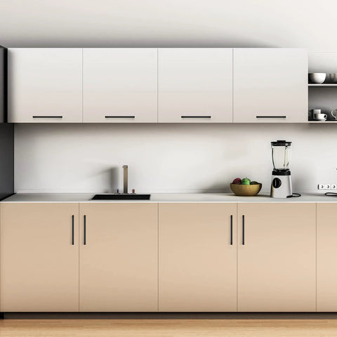 Eight Inch Square Cabinet Handles Matte Black Pulls For Kitchen Drawers And Cabinets Set Of Eighteen installed on modern kitchen cabinets