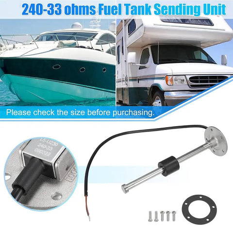 Heavy Duty Marine Fuel Sending Unit 240 To 33 Ohms Stainless Steel Boat Fuel Tank Sender, showing unit and mounting hardware.