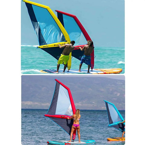 Two people using an Inflatable Wing Sail For Wind Wing Foiling, Kitesurfing And Windsurfing, 2.2㎡ Waterproof Oxford PVC Wing Sail on water.