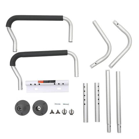 Built Tough Toilet Safety Rail With Padded Armrests components including adjustable aluminum support bars and hardware.