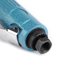 Close-up of Slick Compact Air Pneumatic Angle Grinder For Fast Cut Through Metal And Rust With No Fuss Handling And Smooth Quiet Grinding Action For Any Pro Shop Or Garage In Metallic Blue.