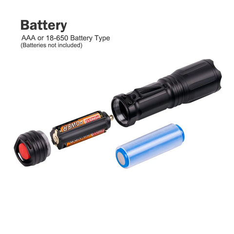 Upgraded Zoomable RGBW Flashlight With Four Color Modes Green Red Blue White Memory For Night Vision Pro Grade, battery type display