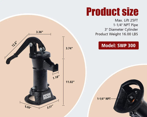 Image of Durable Cast Iron Pitcher Pump Manual Hand Crank Suction Water Transfer Pump with labeled dimensions and model SWP 300.
