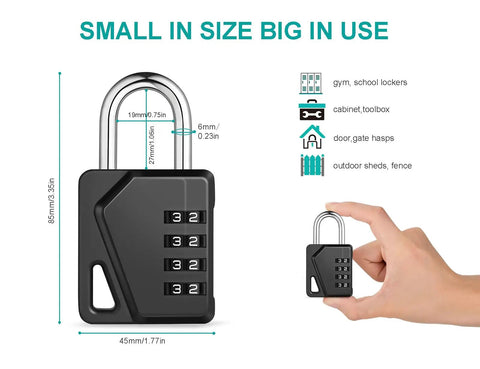 Small Combo Padlocks For Gym And School Lockers Totally Foolproof Keyless Dials with dimensions for easy use and security.