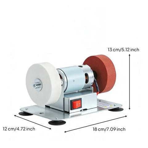 Heavy Duty Table Bench Grinder With Polishing Wheels And Sharpening Stone For Swift Project Repairs Tough As Nails Metal Body Snappy Front Power Switch on sturdy base with measurement details.