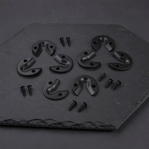 10 Pack Heavy Workhorse Keyhole Wall Hangers With Screws Black Stainless Steel Picture Hooks arranged on a slate background.