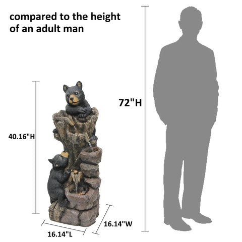 40.16 Inch High Five Tier Outdoor Bear Water Fountain With Two Black Bears Climbing A Tree For Garden Patio Yard Deck Farmhouse Exterior Chill Vibe Relaxation Resin Water Feature next to human silhouette for size comparison.