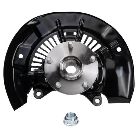 Heavy Duty Factory Grade Top Shelf Front Wheel Bearing And Hub Assembly With Slick Steering Knuckle Pair Plug And Play Kit For Toyota Sienna Awd Suspension 2011 To 2017 front view with mounting points and accessory nut.