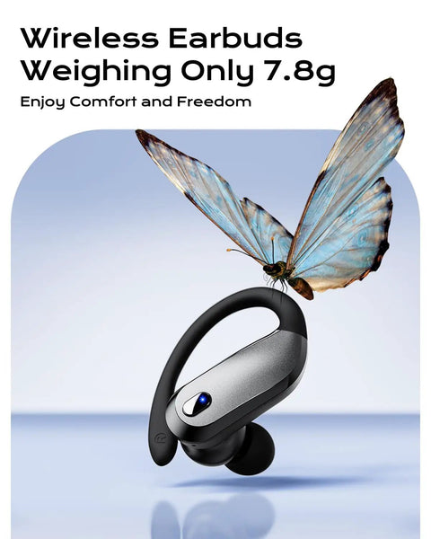 Bluetooth 5.4 Wireless Earbuds With Secure Ear Hooks For Running And Workouts IPX7 Waterproof shown with a butterfly