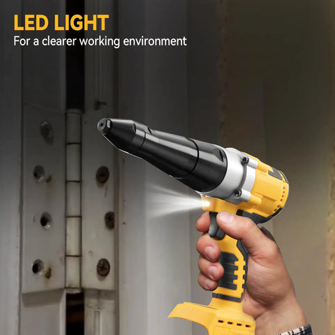Powerhouse Cordless Brushless Rivet Gun Plays Nicely With Dewalt 20V Batteries Bare Tool with LED light, showcasing sleek design and functionality.