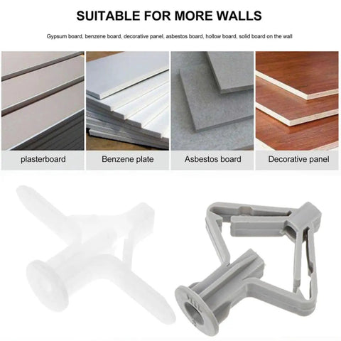 Self Drilling Drywall Anchors Kit With Butterfly Shaped Nylon And ABS Wall Anchors display with suitable wall types.