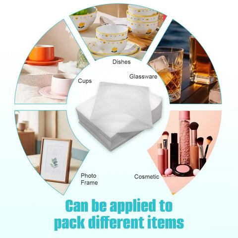 Premium Rated 100 Piece White Foam Pouches Plus Heavy Duty Cushion Wrap Sheets For Stress Free Moving And Hassle Free Shipping Built Solid Elastic Padding To Keep Gear Secure And Ready, shown packed around various items.